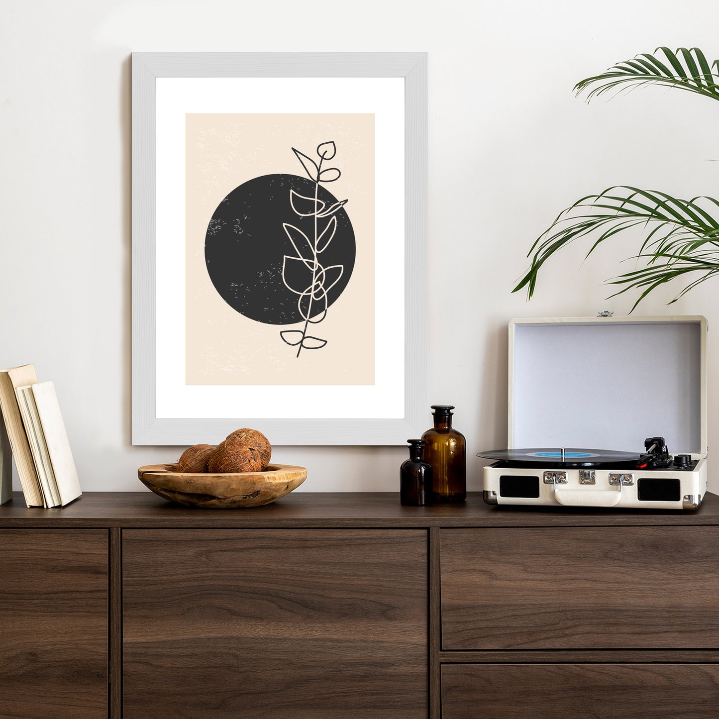 Poster Minimalistischer Zweig Und Kreis Rahmen Holz Mit Passepartout Farbe Natürlich