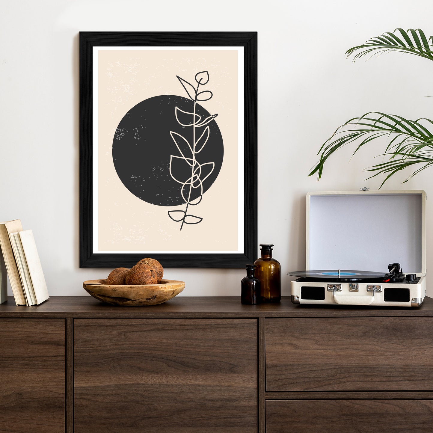 Poster Minimalistischer Zweig Und Kreis Rahmen Holz Mit Passepartout Farbe Natürlich