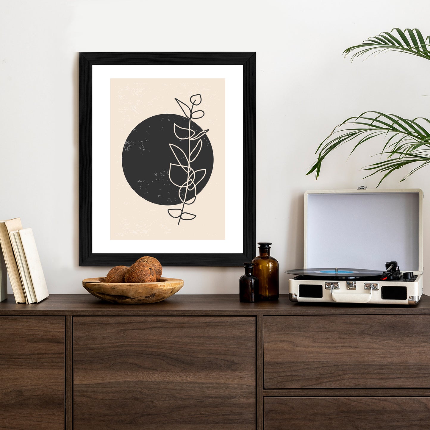 Poster Minimalistischer Zweig Und Kreis Rahmen Holz Mit Passepartout Farbe Natürlich