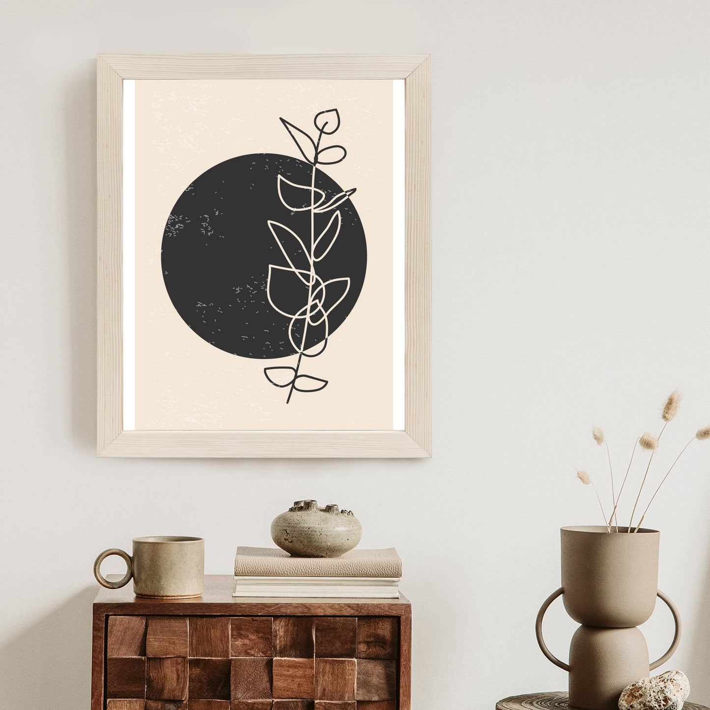 Poster Minimalistischer Zweig Und Kreis Rahmen Holz Mit Passepartout Farbe Natürlich