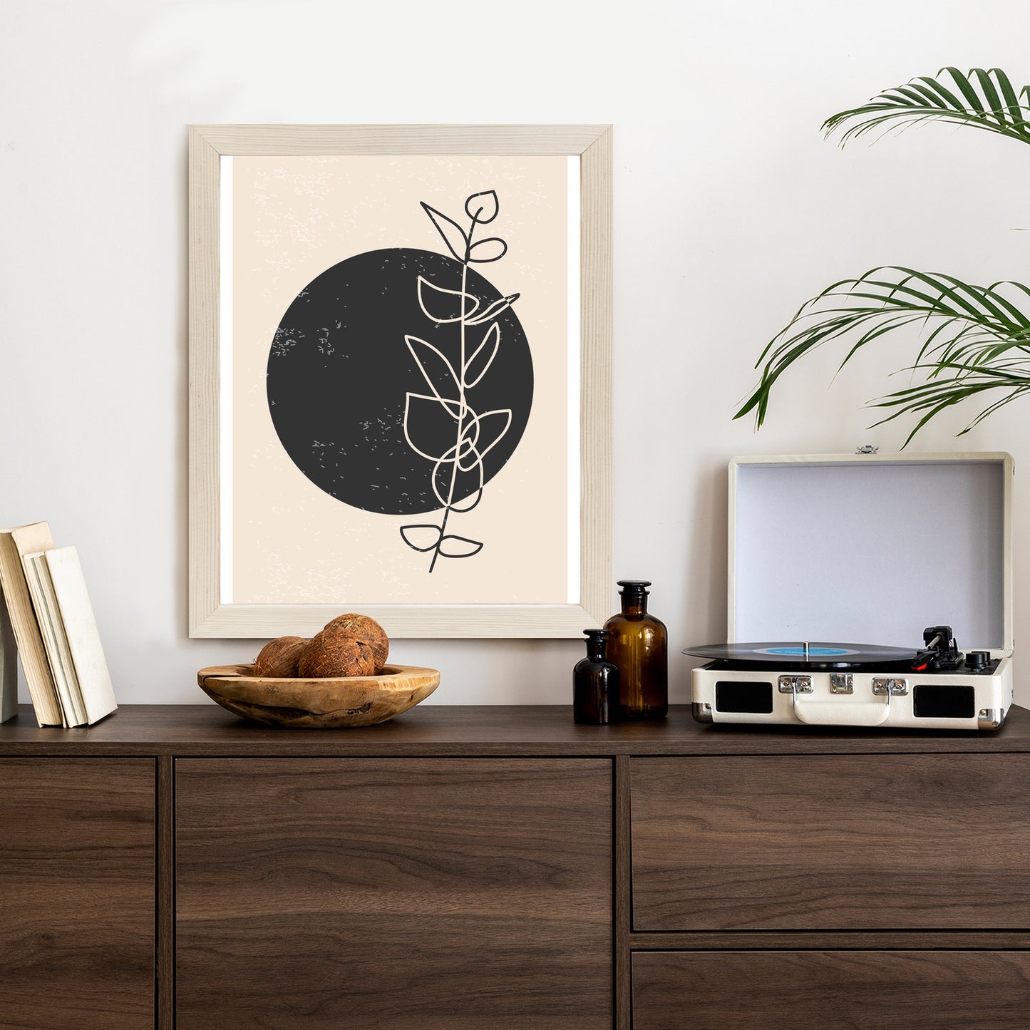 Poster Minimalistischer Zweig Und Kreis Rahmen Holz Mit Passepartout Farbe Natürlich