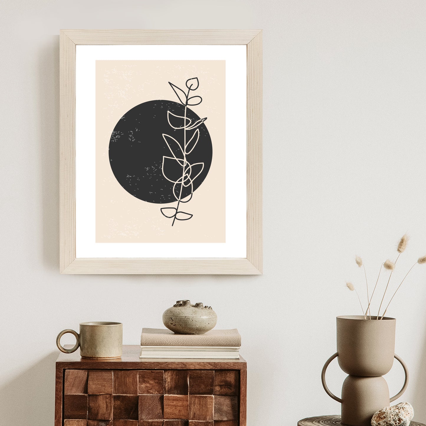 Poster Minimalistischer Zweig Und Kreis Rahmen Holz Mit Passepartout Farbe Natürlich