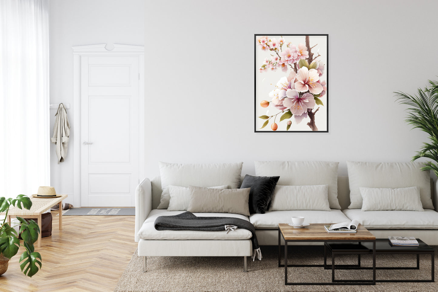 Poster Japanische Weiße Und Rosa Kirschblüten Rahmen Holz Mit Passepartout Farbe Natürlich