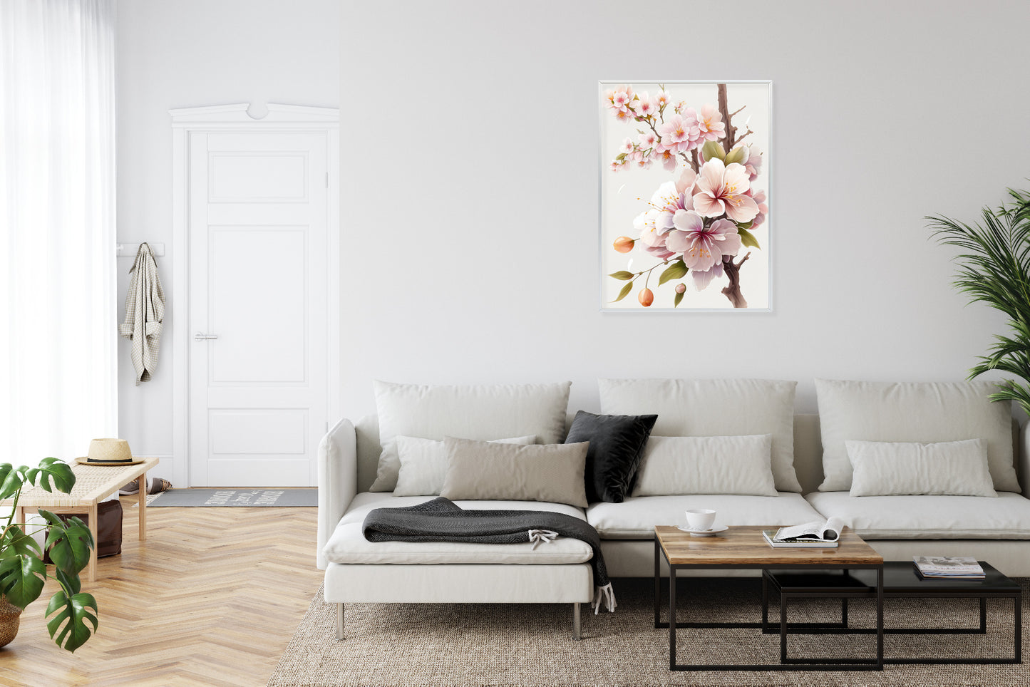 Poster Japanische Weiße Und Rosa Kirschblüten Rahmen Holz Mit Passepartout Farbe Natürlich