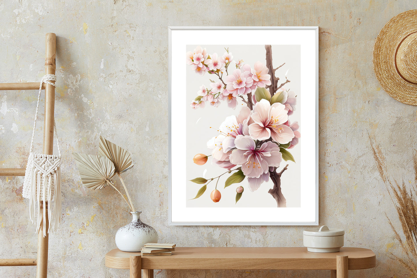 Poster Japanische Weiße Und Rosa Kirschblüten Rahmen Holz Mit Passepartout Farbe Natürlich