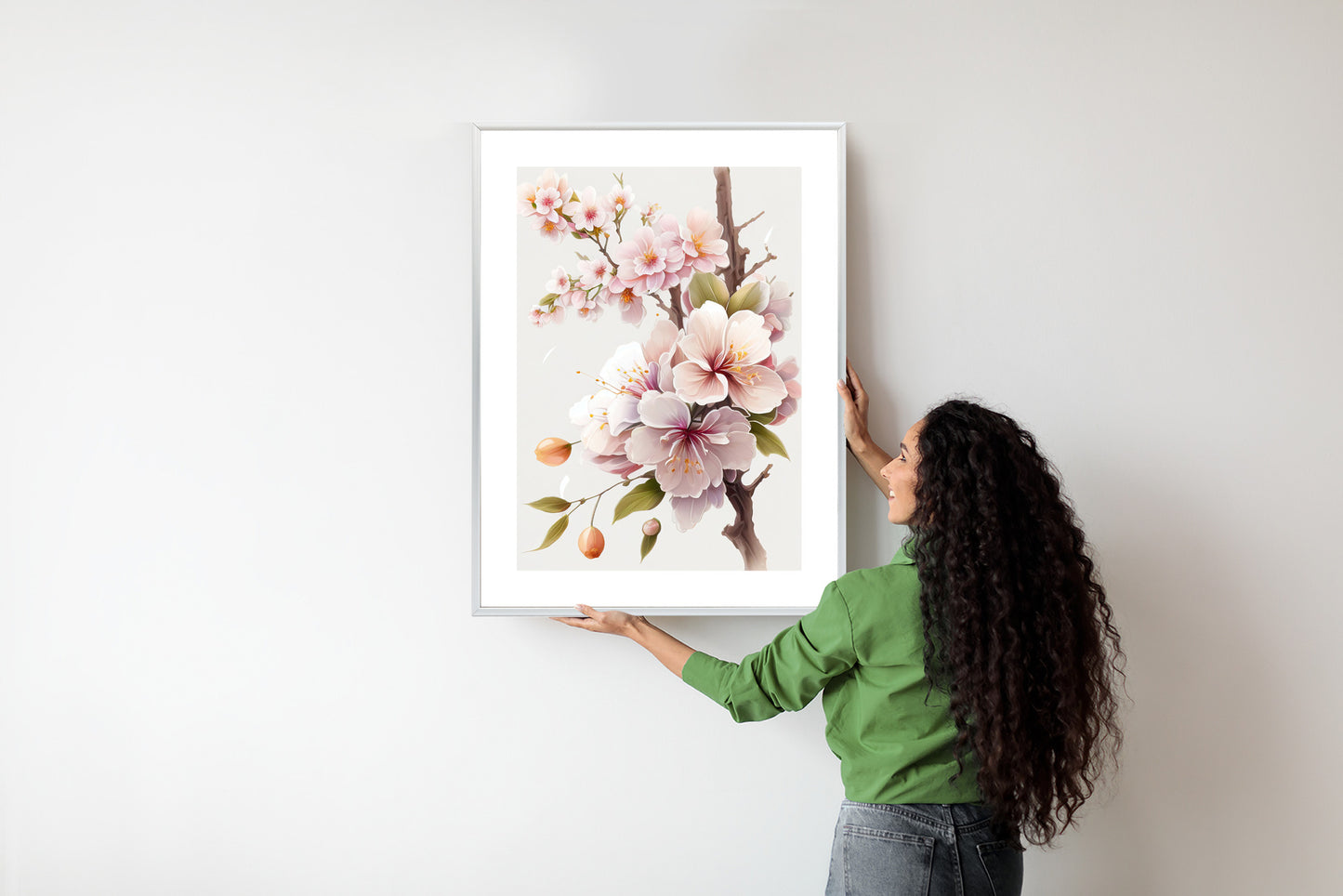 Poster Japanische Weiße Und Rosa Kirschblüten Rahmen Holz Mit Passepartout Farbe Natürlich