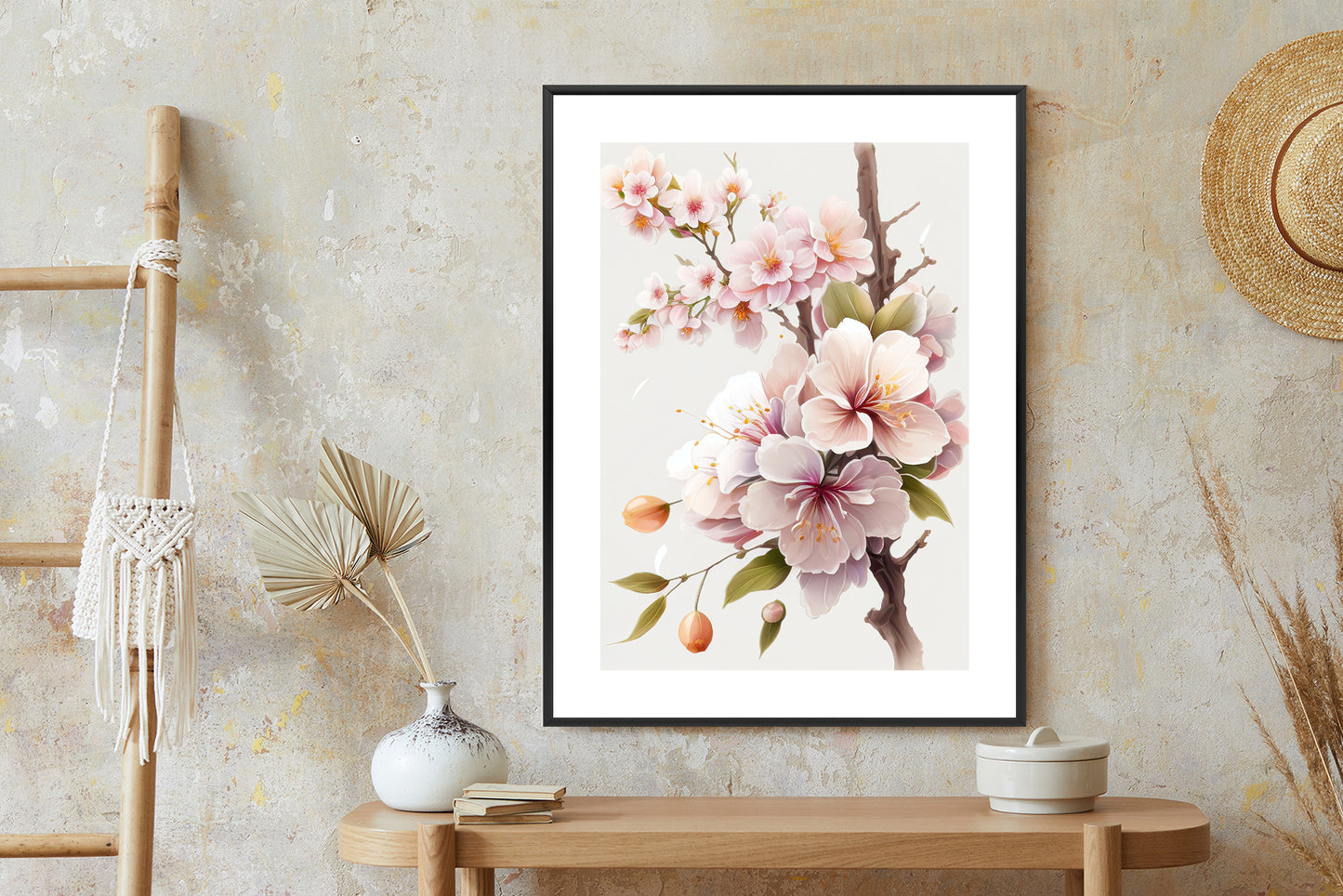 Poster Japanische Weiße Und Rosa Kirschblüten Rahmen Holz Mit Passepartout Farbe Natürlich