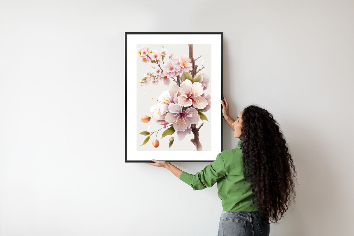 Poster Japanische Weiße Und Rosa Kirschblüten Rahmen Holz Mit Passepartout Farbe Natürlich