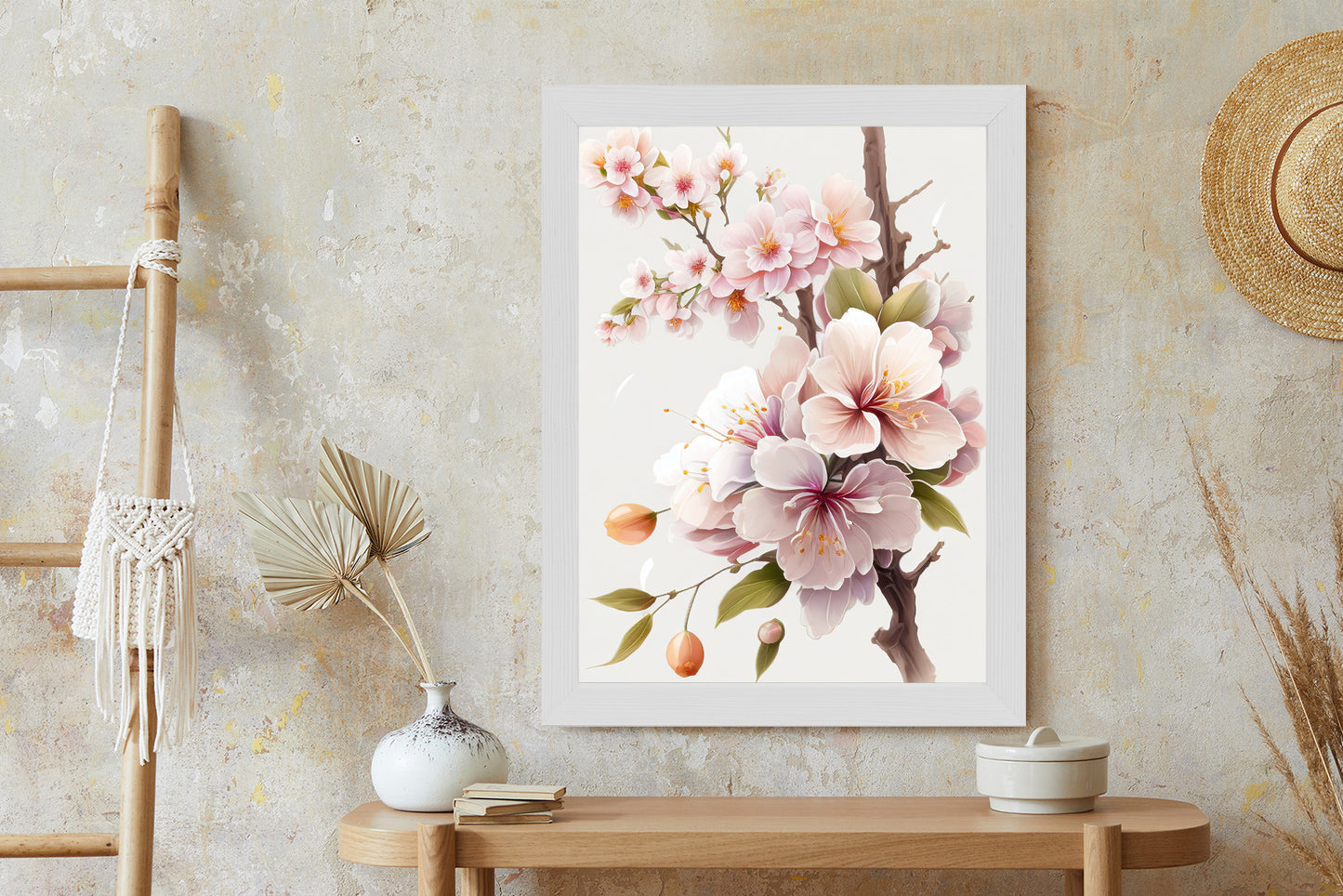 Poster Japanische Weiße Und Rosa Kirschblüten Rahmen Holz Mit Passepartout Farbe Natürlich