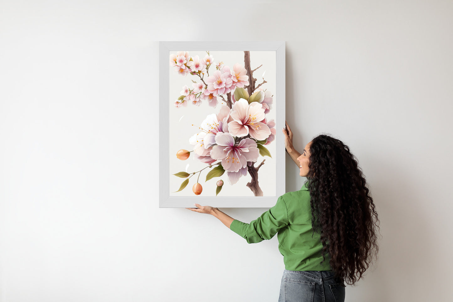 Poster Japanische Weiße Und Rosa Kirschblüten Rahmen Holz Mit Passepartout Farbe Natürlich