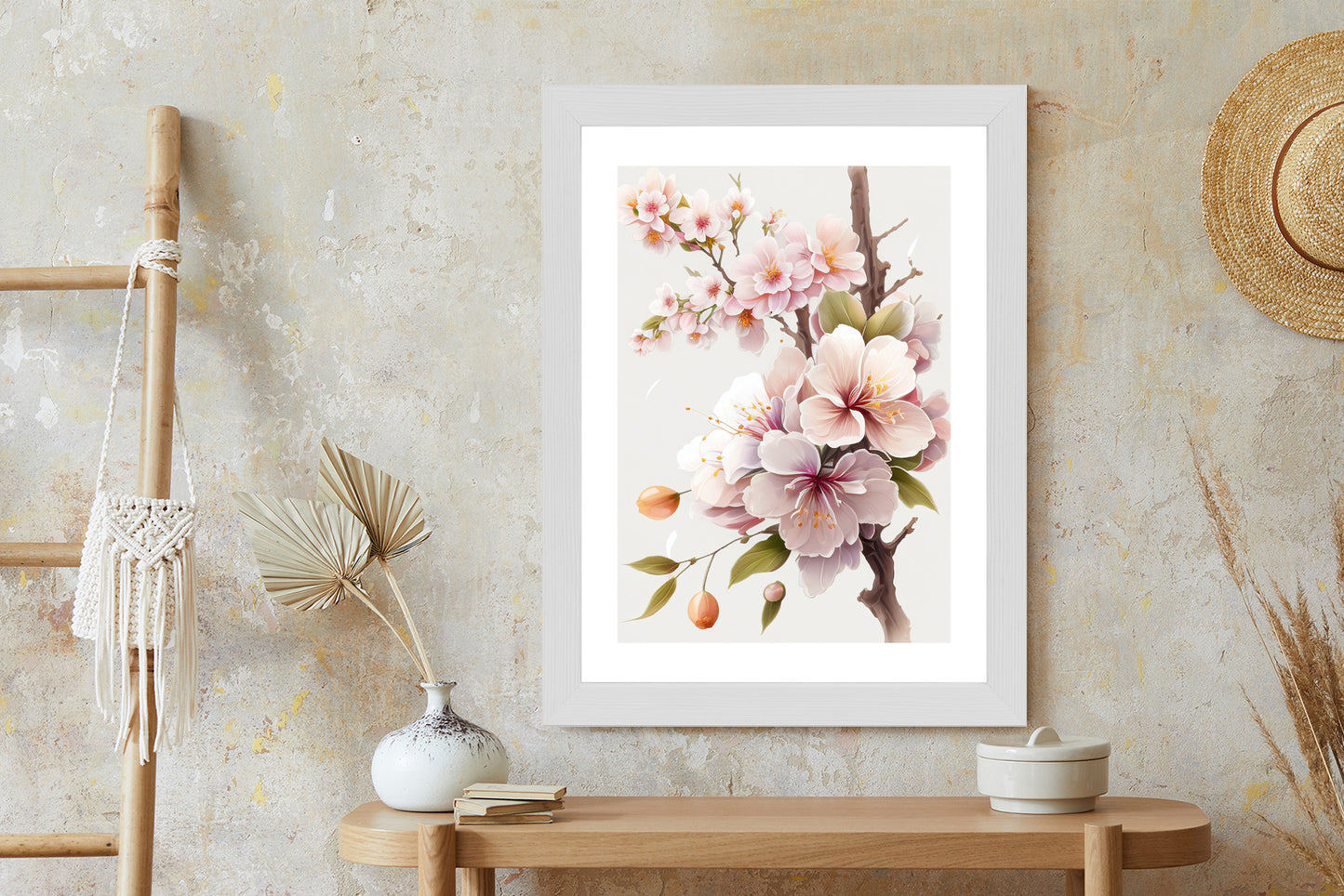 Poster Japanische Weiße Und Rosa Kirschblüten Rahmen Holz Mit Passepartout Farbe Natürlich