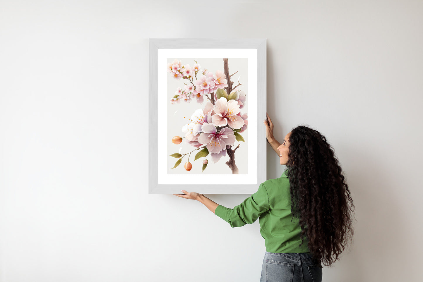 Poster Japanische Weiße Und Rosa Kirschblüten Rahmen Holz Mit Passepartout Farbe Natürlich