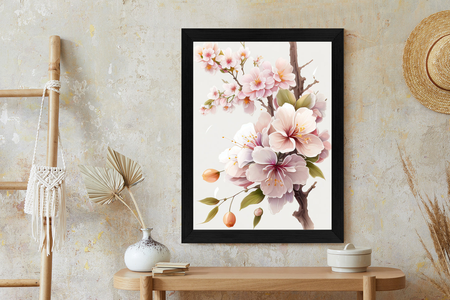 Poster Japanische Weiße Und Rosa Kirschblüten Rahmen Holz Mit Passepartout Farbe Natürlich