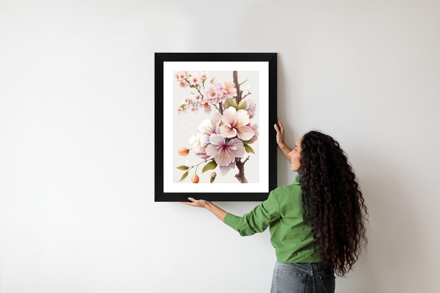 Poster Japanische Weiße Und Rosa Kirschblüten Rahmen Holz Mit Passepartout Farbe Natürlich