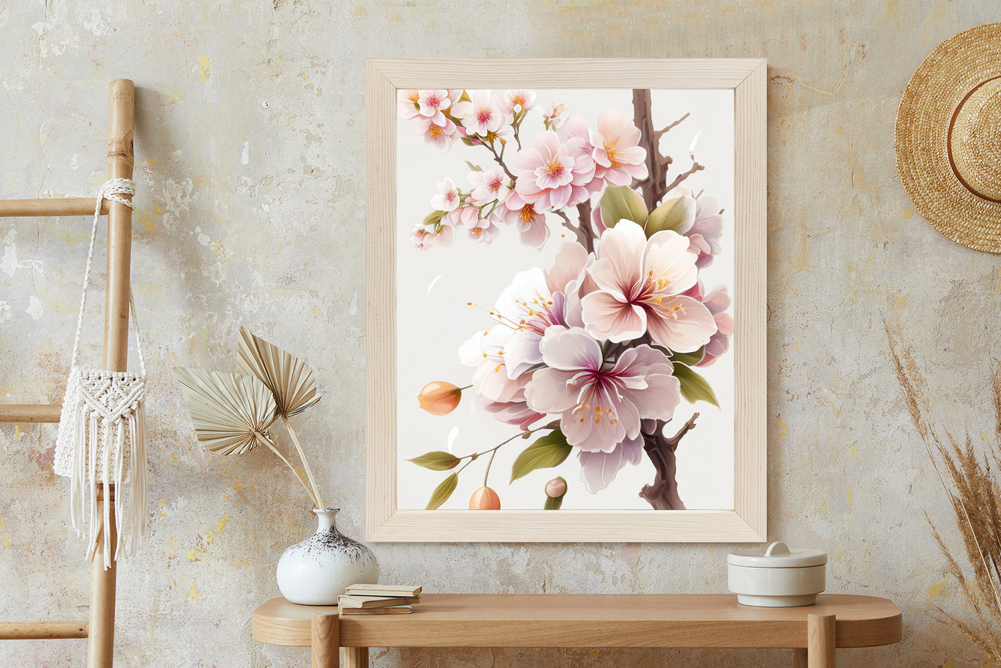 Poster Japanische Weiße Und Rosa Kirschblüten Rahmen Holz Mit Passepartout Farbe Natürlich