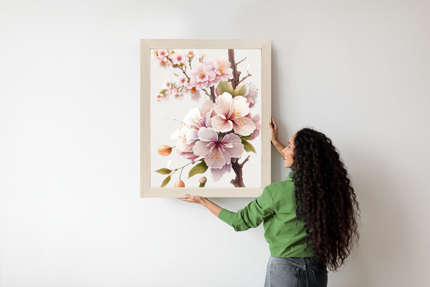Poster Japanische Weiße Und Rosa Kirschblüten Rahmen Holz Mit Passepartout Farbe Natürlich