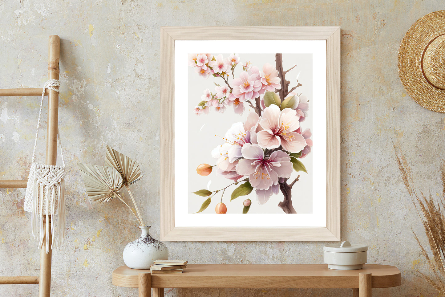 Poster Japanische Weiße Und Rosa Kirschblüten Rahmen Holz Mit Passepartout Farbe Natürlich