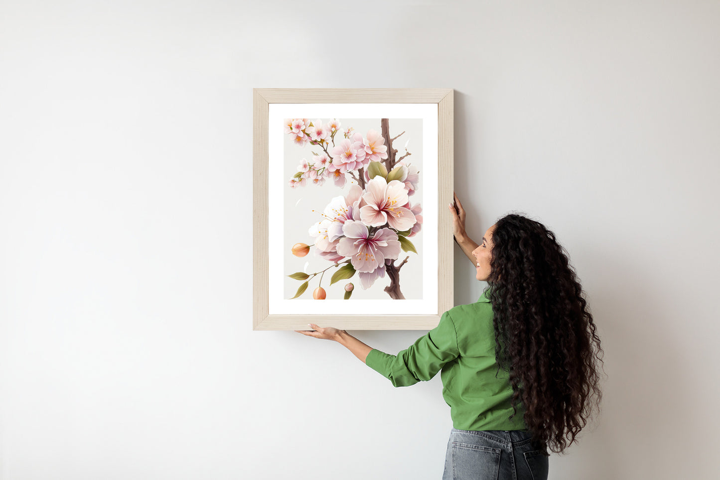 Poster Japanische Weiße Und Rosa Kirschblüten Rahmen Holz Mit Passepartout Farbe Natürlich