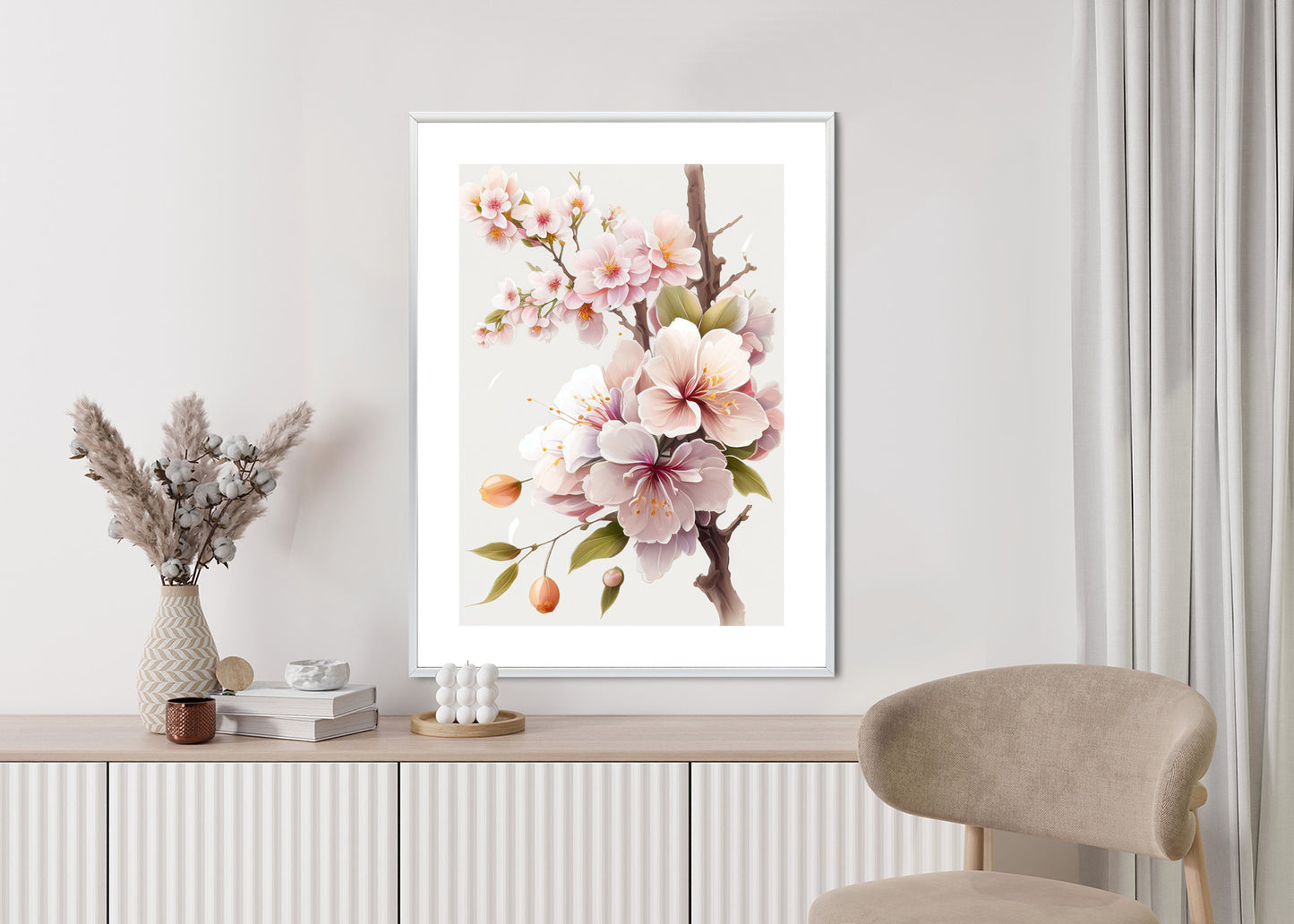 Poster Japanische Weiße Und Rosa Kirschblüten Rahmen Holz Mit Passepartout Farbe Natürlich