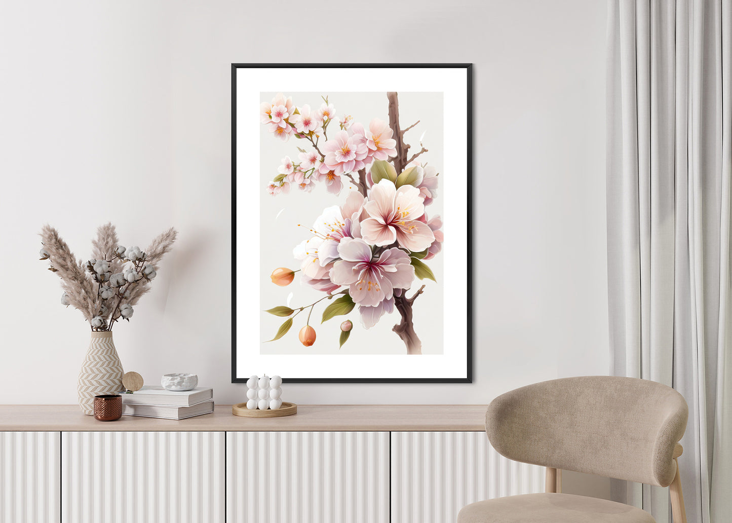 Poster Japanische Weiße Und Rosa Kirschblüten Rahmen Holz Mit Passepartout Farbe Natürlich