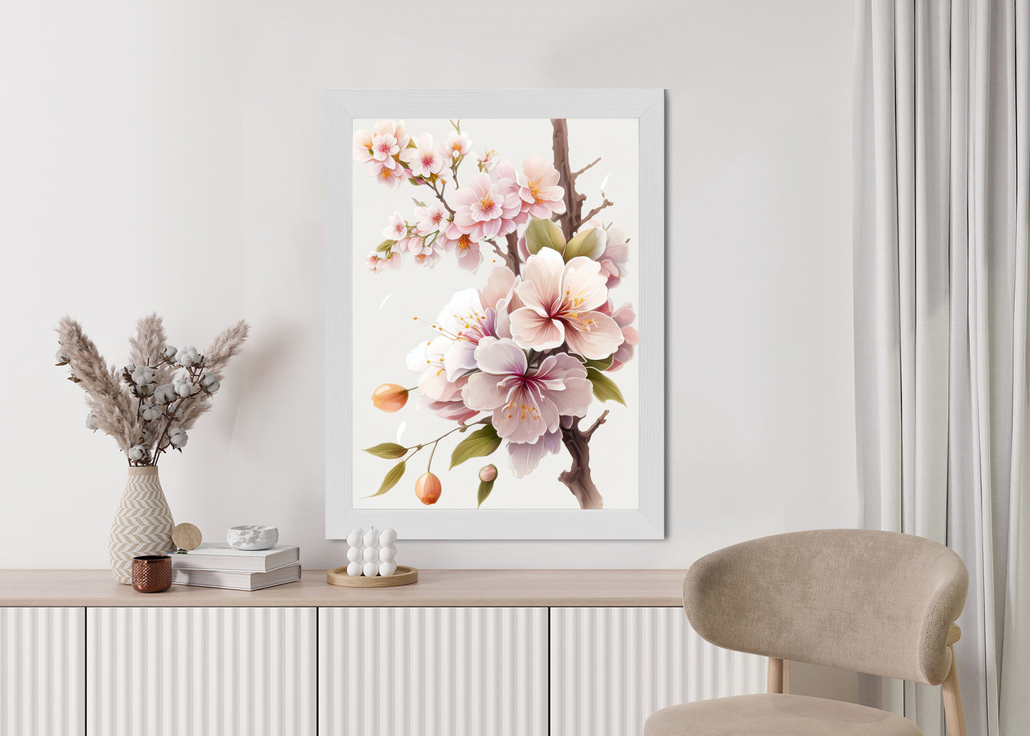 Poster Japanische Weiße Und Rosa Kirschblüten Rahmen Holz Mit Passepartout Farbe Natürlich