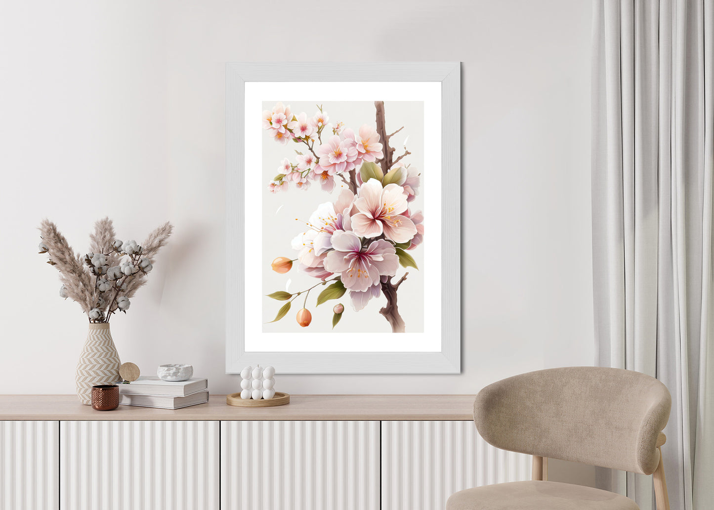 Poster Japanische Weiße Und Rosa Kirschblüten Rahmen Holz Mit Passepartout Farbe Natürlich