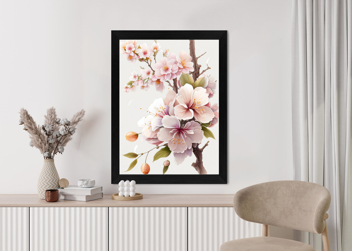 Poster Japanische Weiße Und Rosa Kirschblüten Rahmen Holz Mit Passepartout Farbe Natürlich