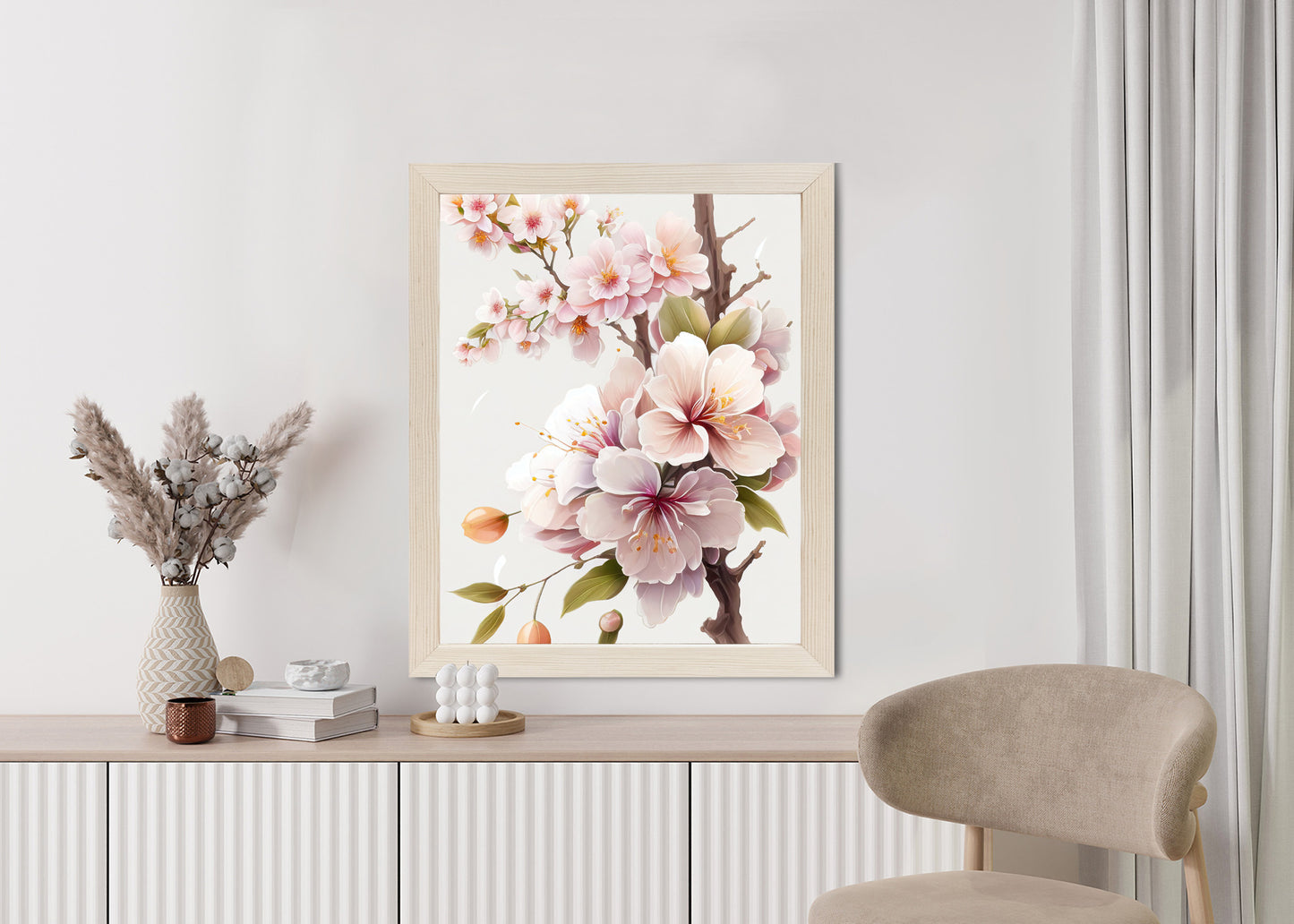 Poster Japanische Weiße Und Rosa Kirschblüten Rahmen Holz Mit Passepartout Farbe Natürlich