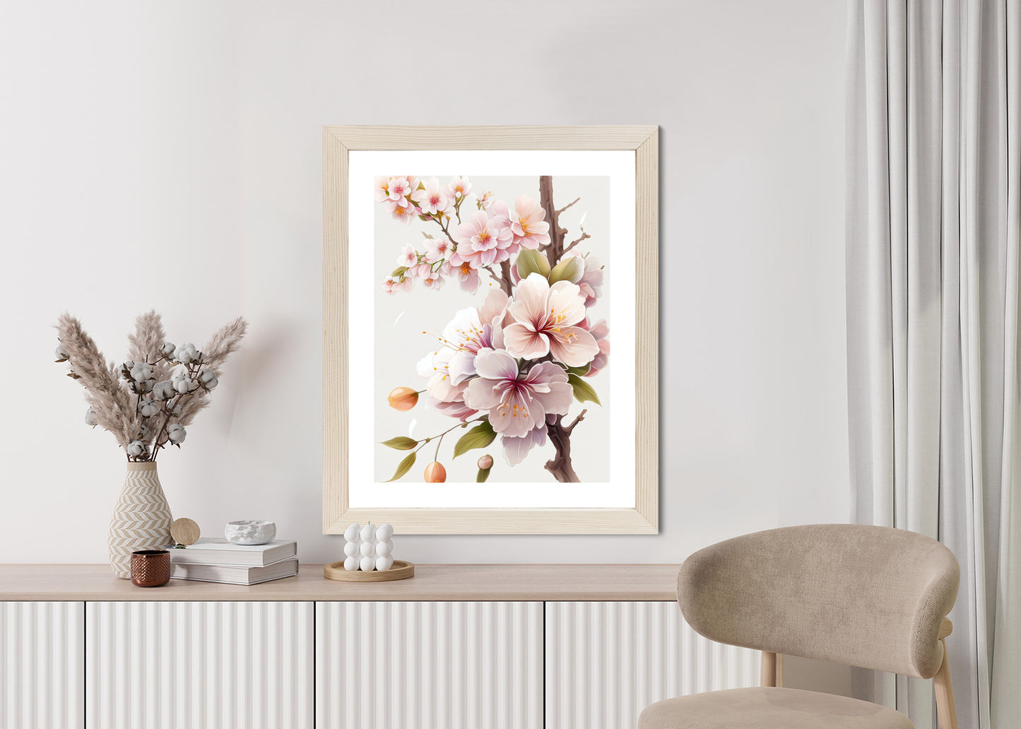 Poster Japanische Weiße Und Rosa Kirschblüten Rahmen Holz Mit Passepartout Farbe Natürlich
