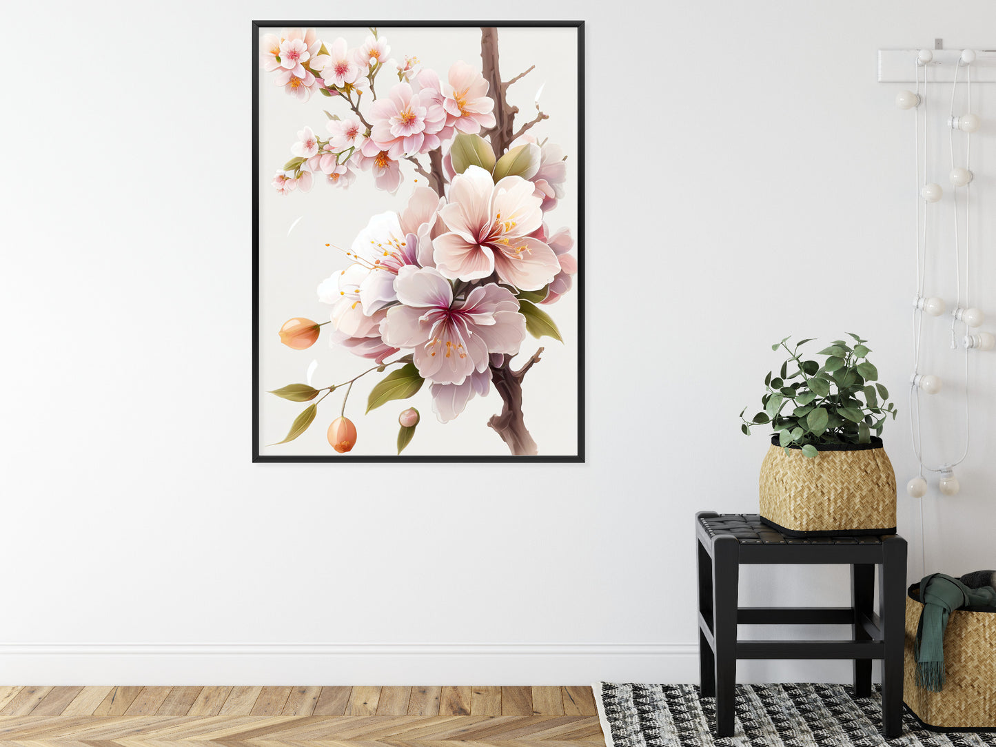 Poster Japanische Weiße Und Rosa Kirschblüten Rahmen Holz Mit Passepartout Farbe Natürlich