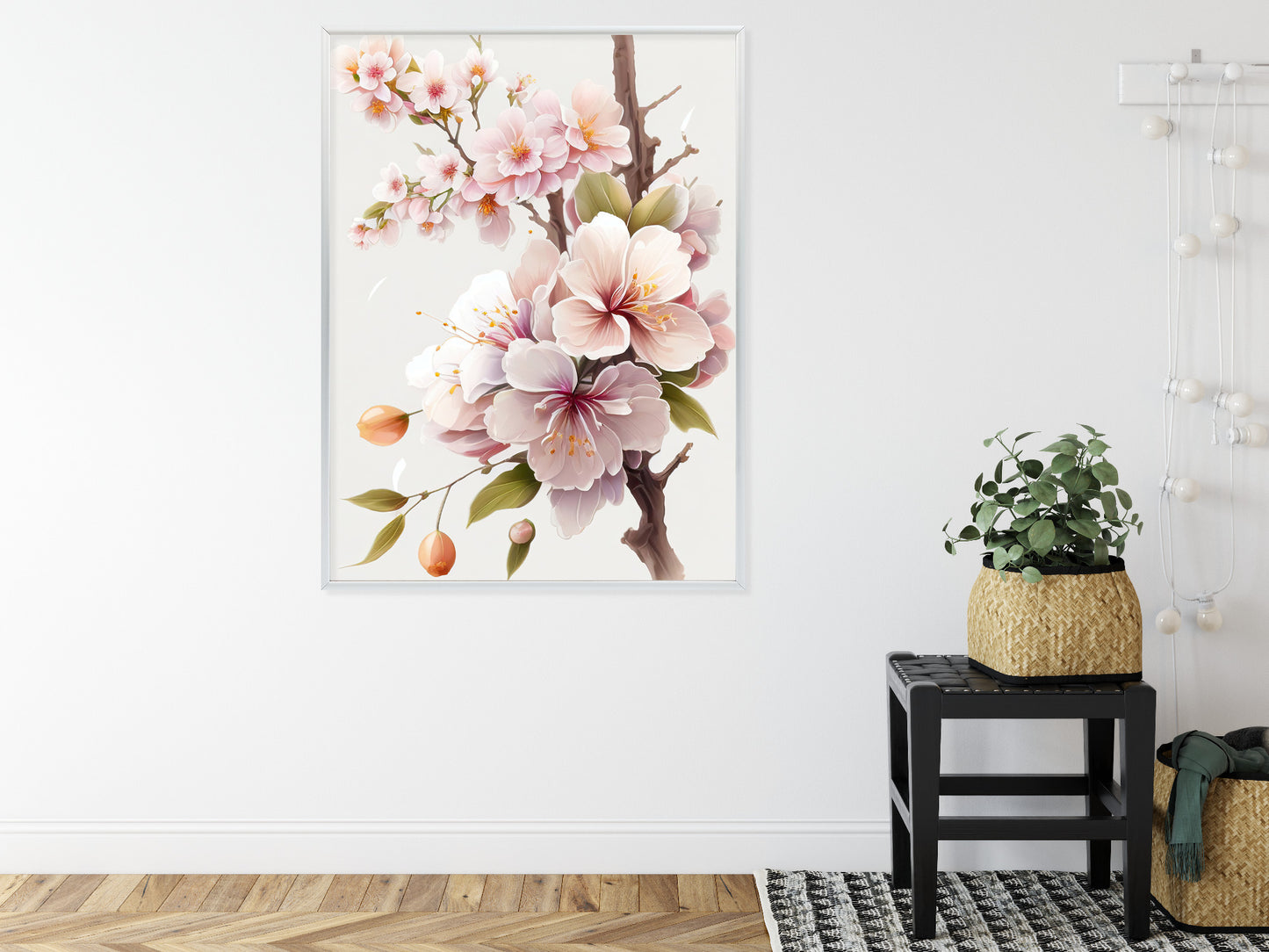 Poster Japanische Weiße Und Rosa Kirschblüten Rahmen Holz Mit Passepartout Farbe Natürlich