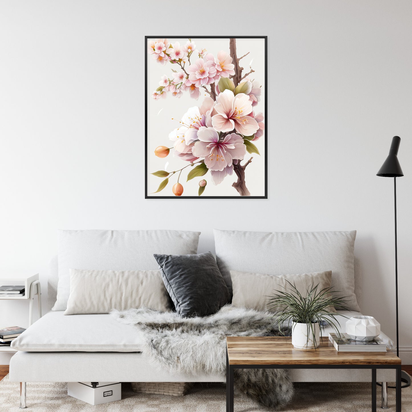 Poster Japanische Weiße Und Rosa Kirschblüten Rahmen Holz Mit Passepartout Farbe Natürlich