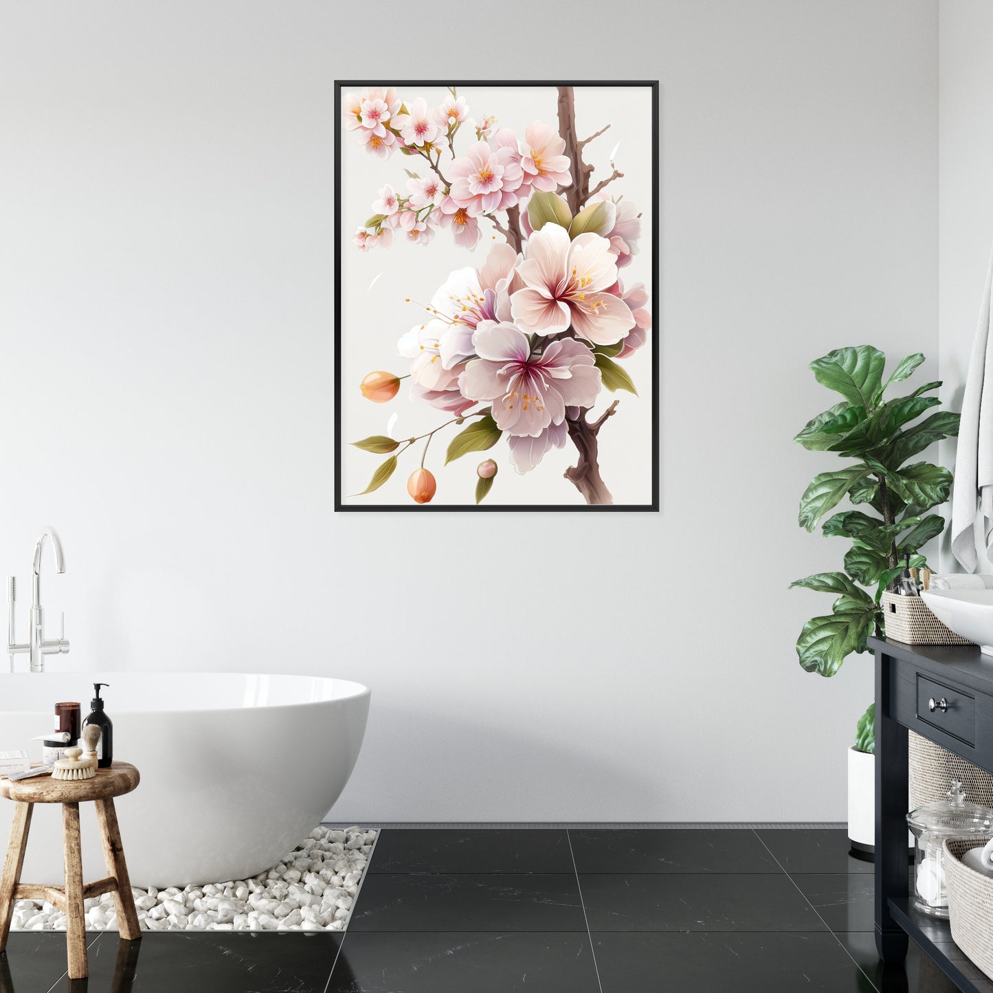 Poster Japanische Weiße Und Rosa Kirschblüten Rahmen Holz Mit Passepartout Farbe Natürlich
