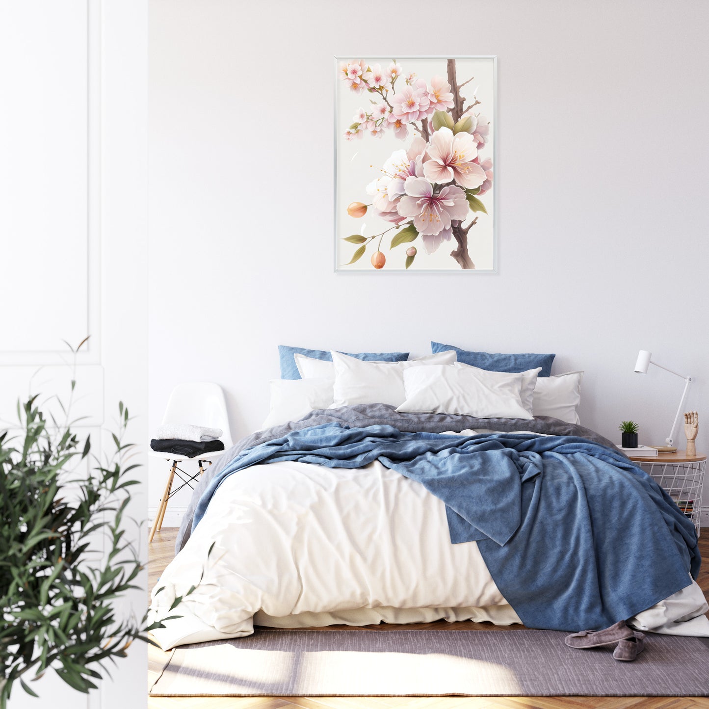 Poster Japanische Weiße Und Rosa Kirschblüten Rahmen Holz Mit Passepartout Farbe Natürlich