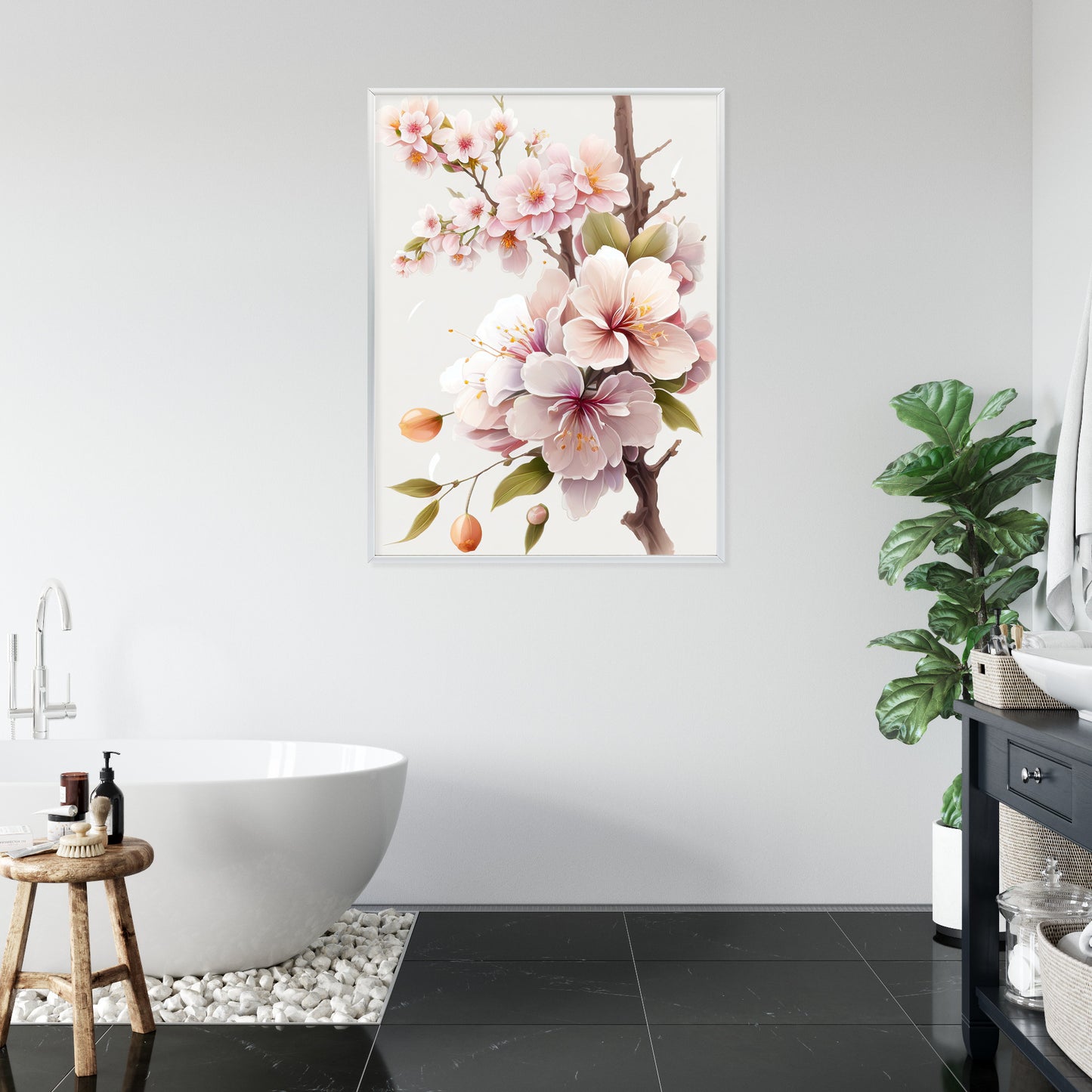 Poster Japanische Weiße Und Rosa Kirschblüten Rahmen Holz Mit Passepartout Farbe Natürlich