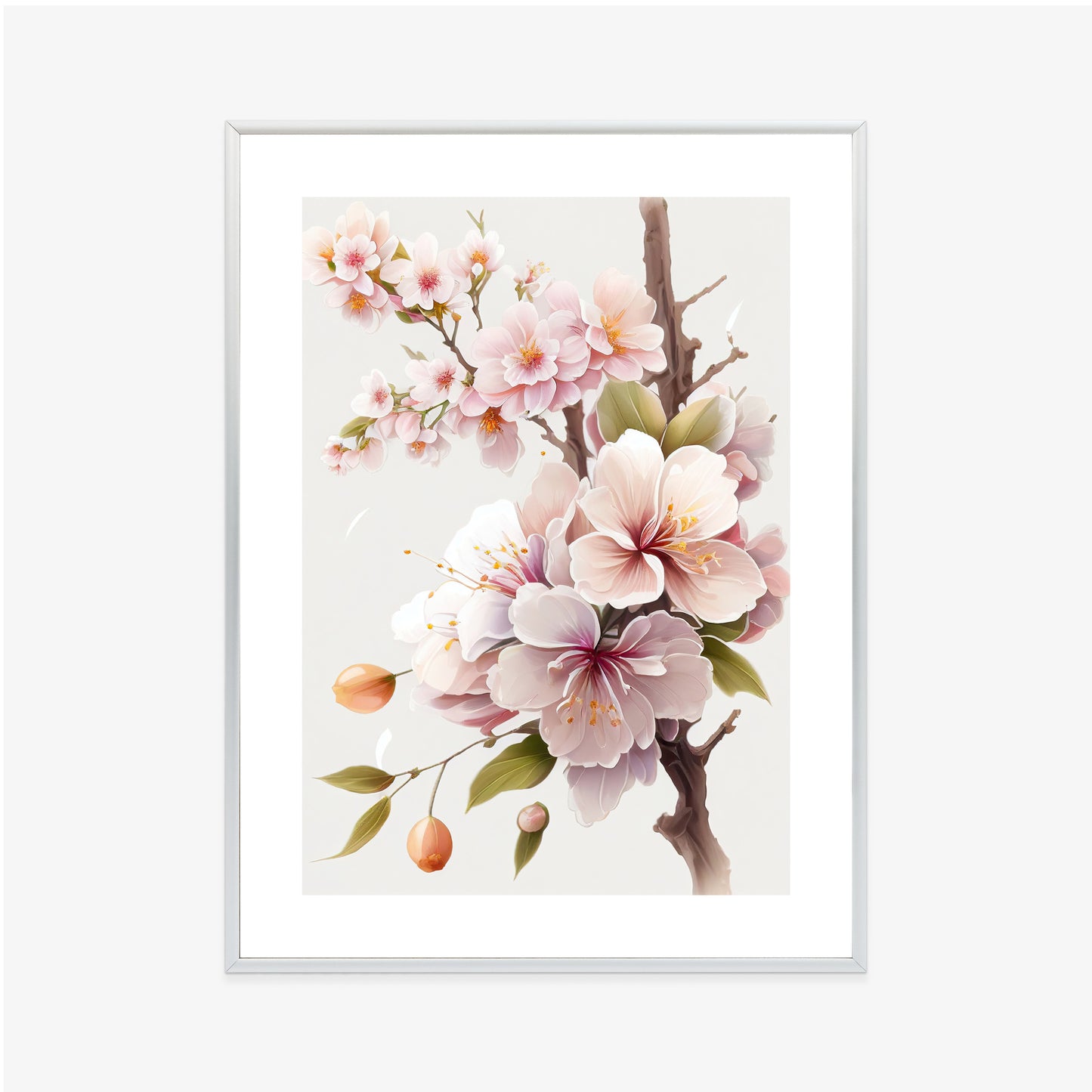 Poster Japanische Weiße Und Rosa Kirschblüten Rahmen Holz Mit Passepartout Farbe Natürlich