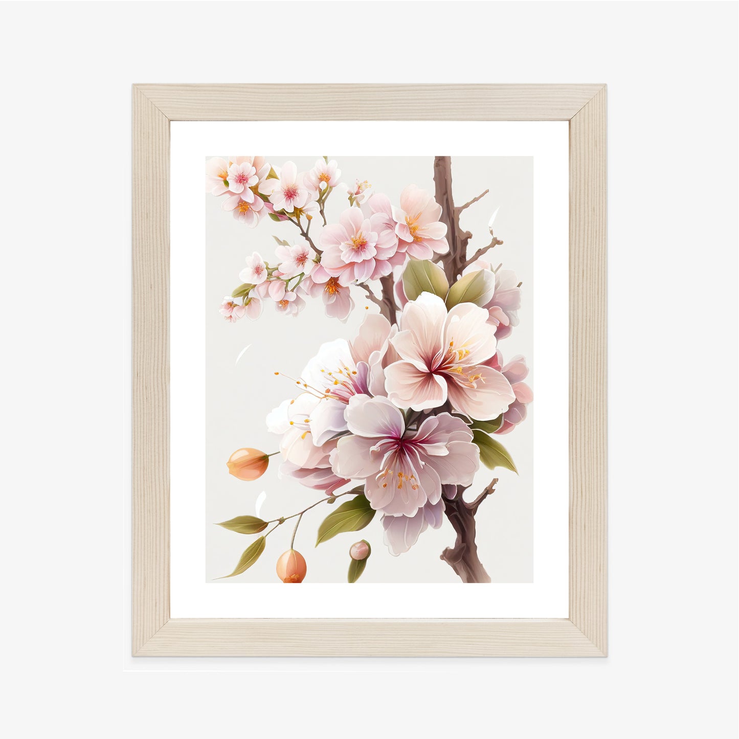Poster Japanische Weiße Und Rosa Kirschblüten Rahmen Holz Mit Passepartout Farbe Natürlich