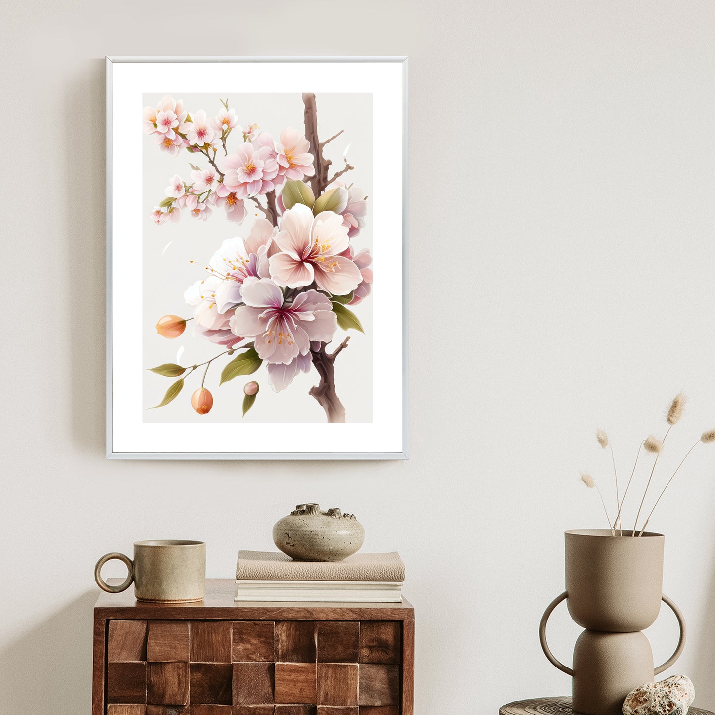 Poster Japanische Weiße Und Rosa Kirschblüten Rahmen Holz Mit Passepartout Farbe Natürlich