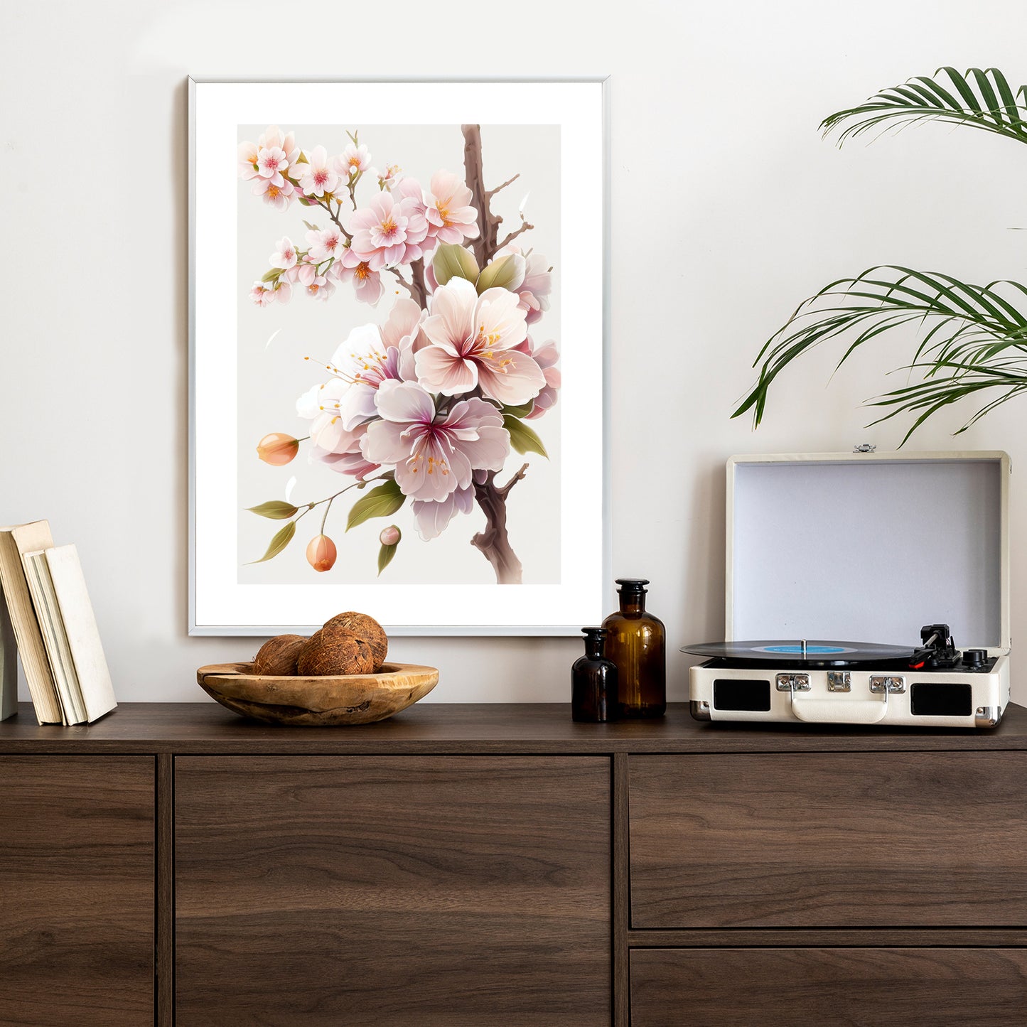 Poster Japanische Weiße Und Rosa Kirschblüten Rahmen Holz Mit Passepartout Farbe Natürlich