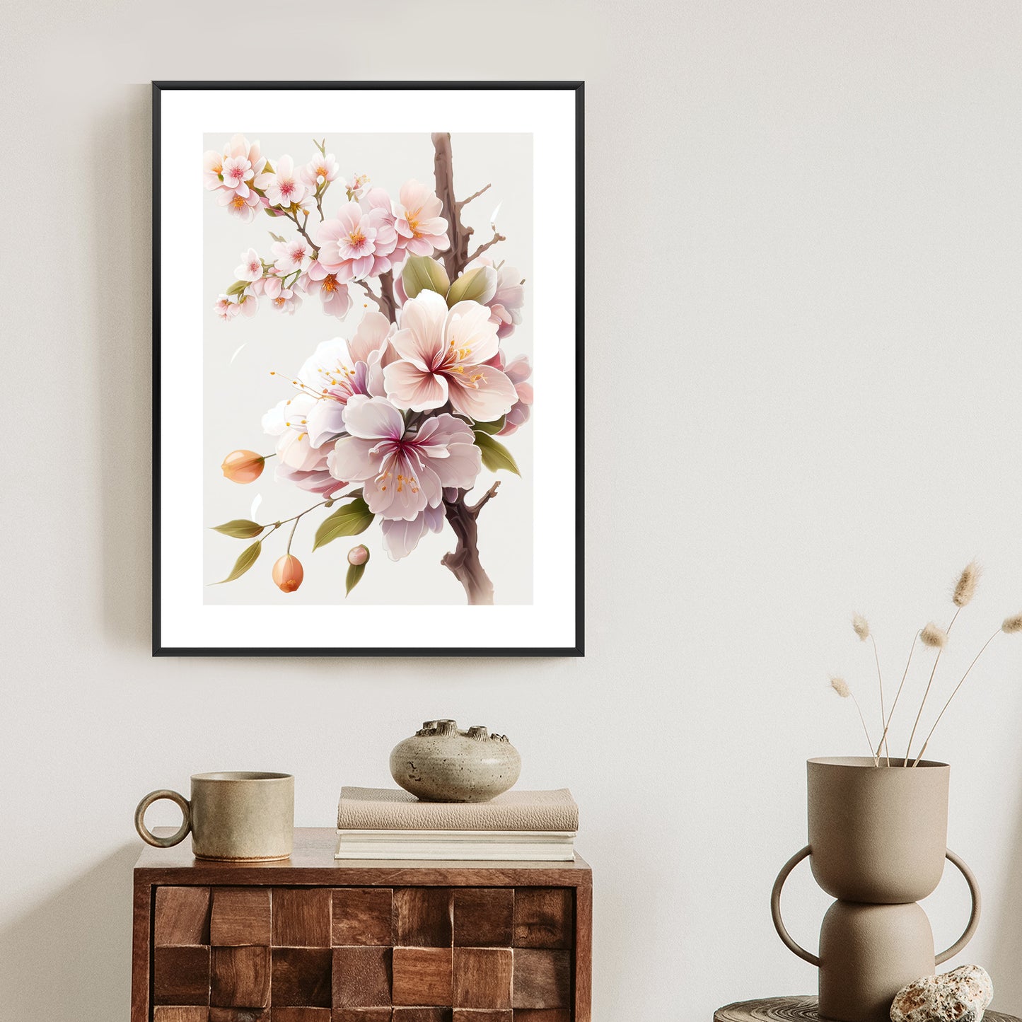 Poster Japanische Weiße Und Rosa Kirschblüten Rahmen Holz Mit Passepartout Farbe Natürlich