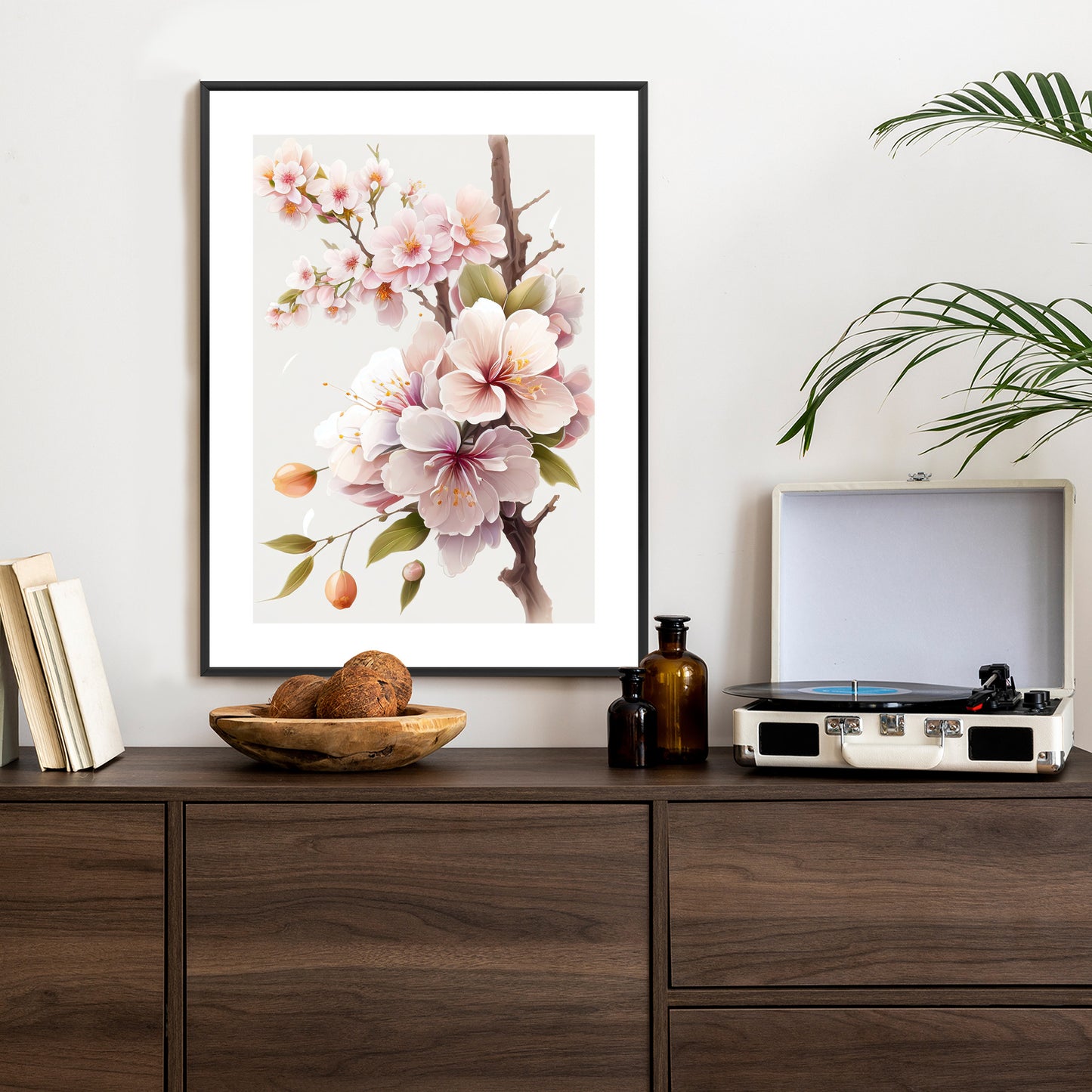 Poster Japanische Weiße Und Rosa Kirschblüten Rahmen Holz Mit Passepartout Farbe Natürlich