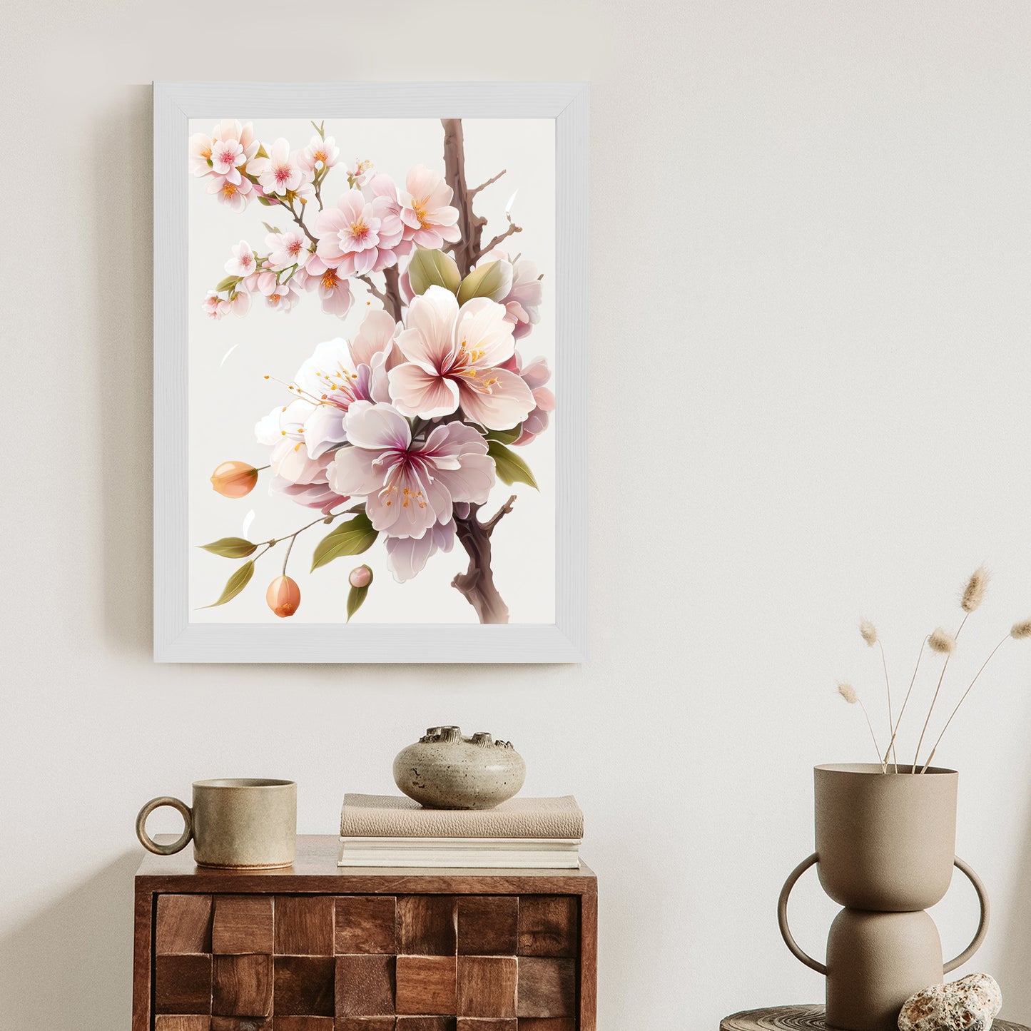 Poster Japanische Weiße Und Rosa Kirschblüten Rahmen Holz Mit Passepartout Farbe Natürlich