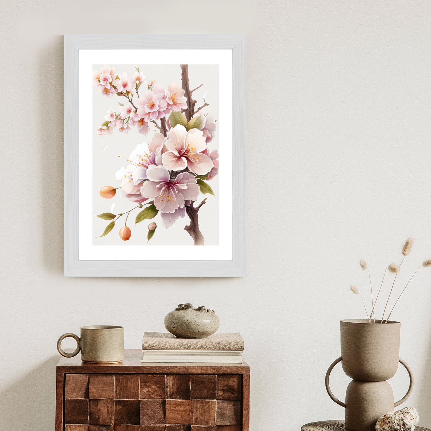 Poster Japanische Weiße Und Rosa Kirschblüten Rahmen Holz Mit Passepartout Farbe Natürlich
