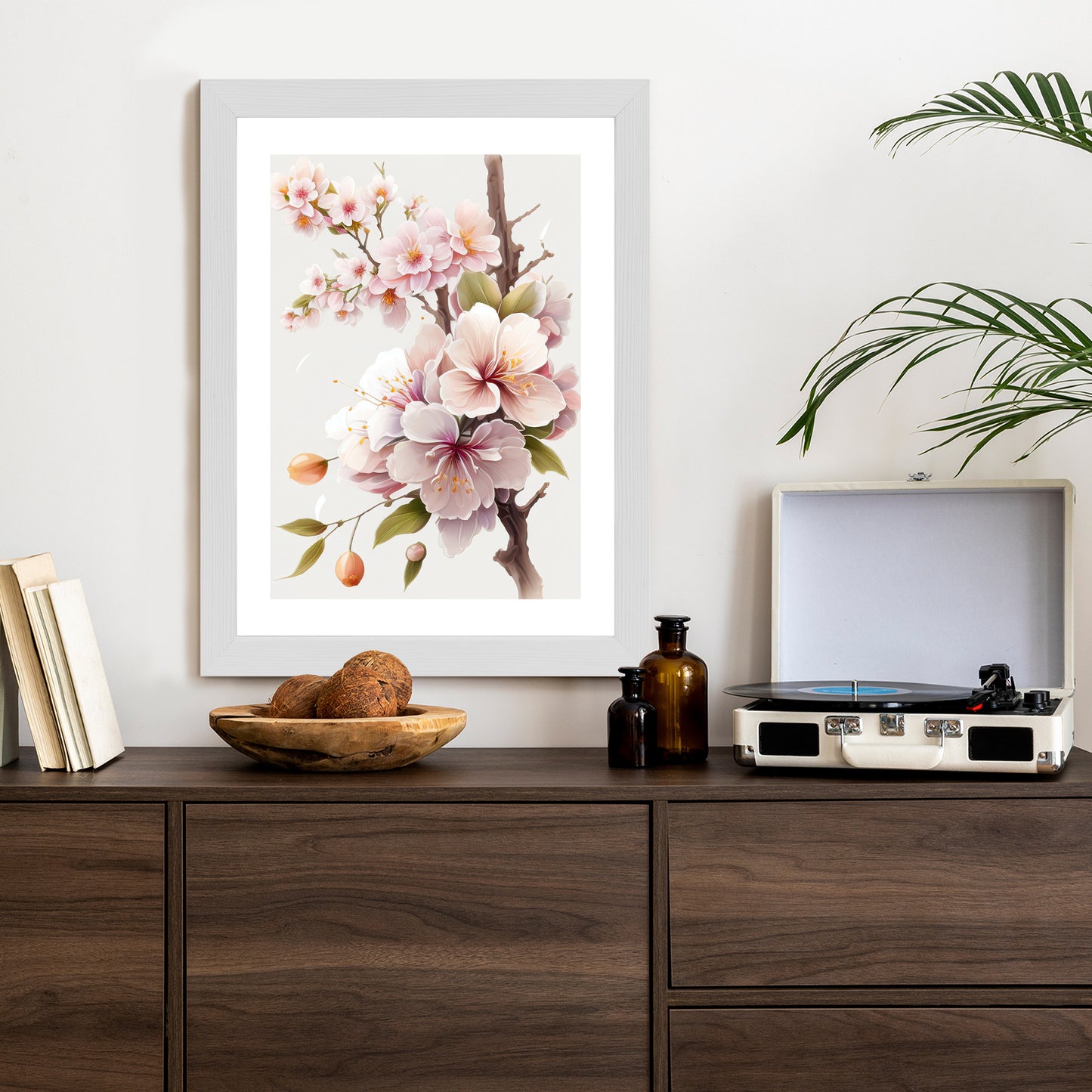 Poster Japanische Weiße Und Rosa Kirschblüten Rahmen Holz Mit Passepartout Farbe Natürlich