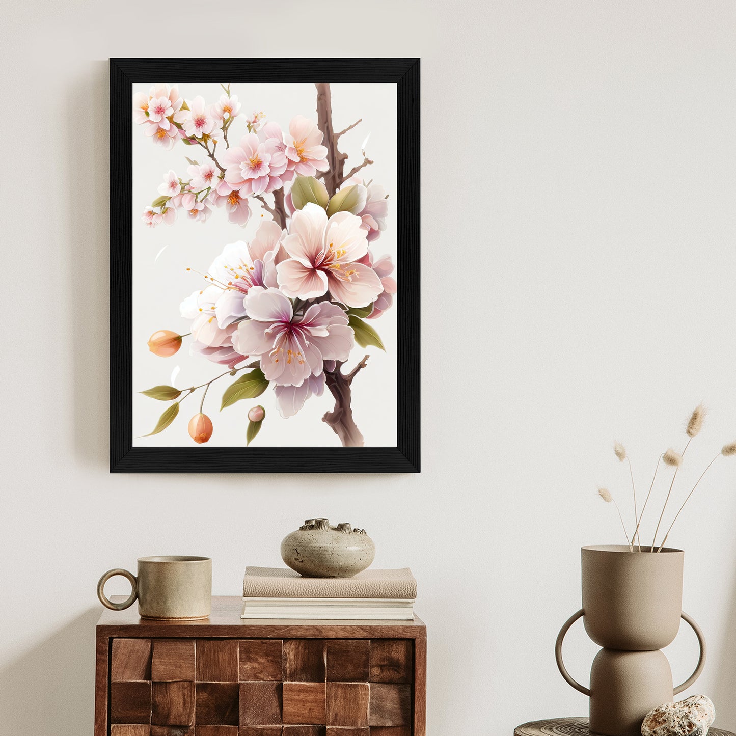 Poster Japanische Weiße Und Rosa Kirschblüten Rahmen Holz Mit Passepartout Farbe Natürlich