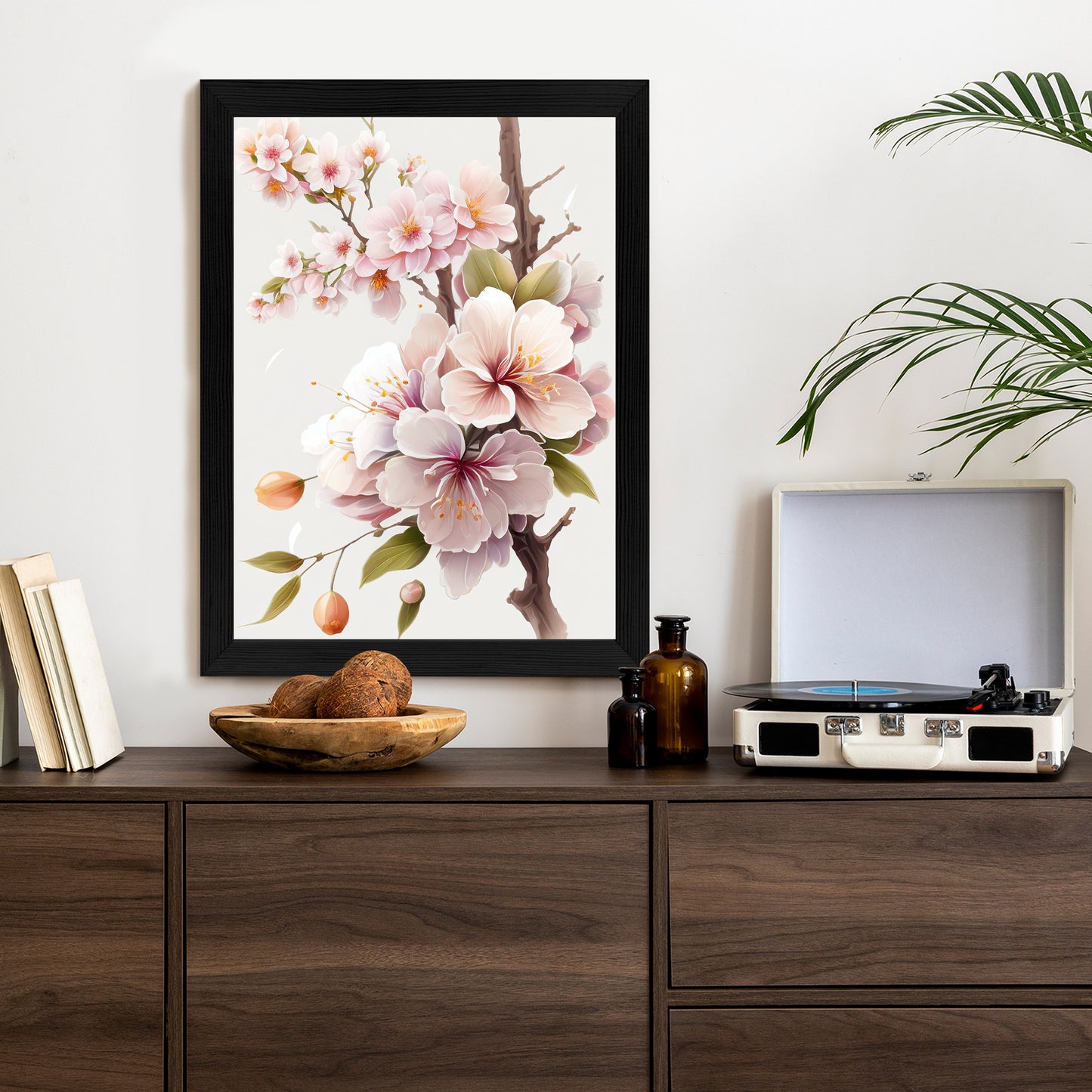 Poster Japanische Weiße Und Rosa Kirschblüten Rahmen Holz Mit Passepartout Farbe Natürlich