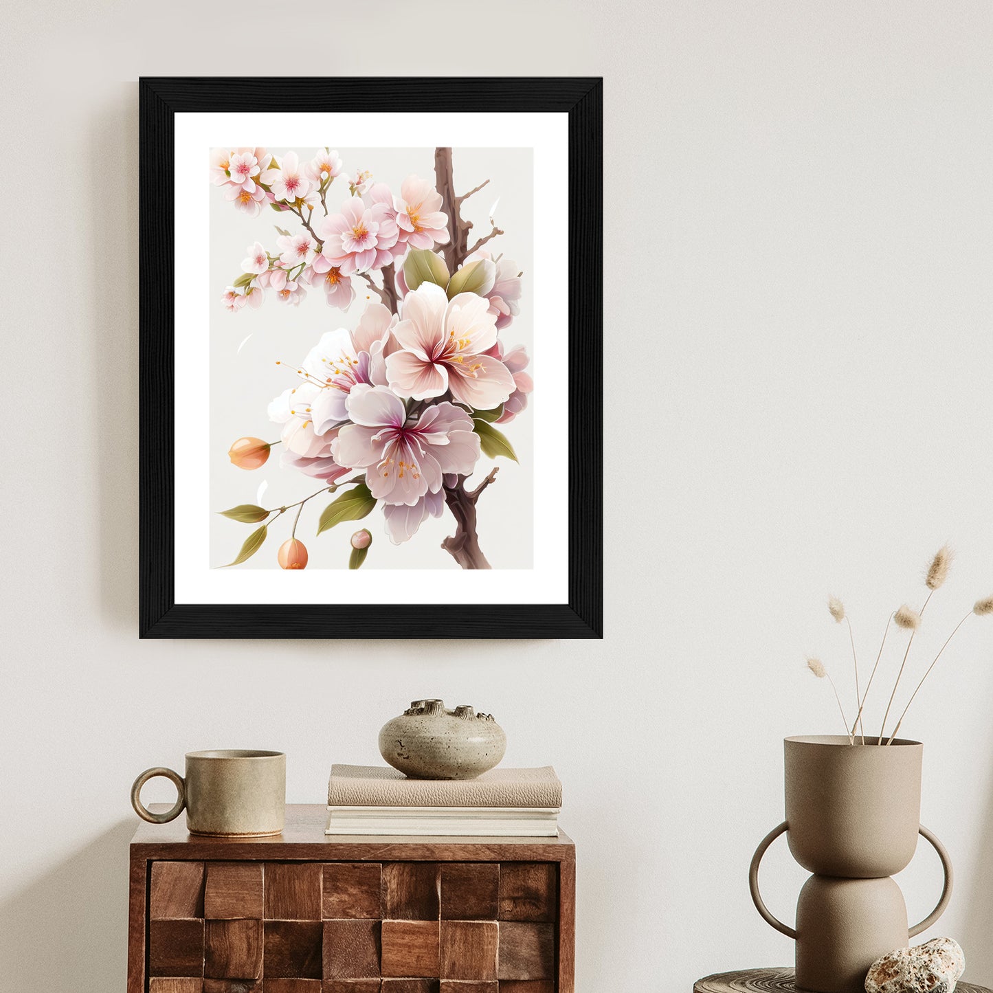Poster Japanische Weiße Und Rosa Kirschblüten Rahmen Holz Mit Passepartout Farbe Natürlich