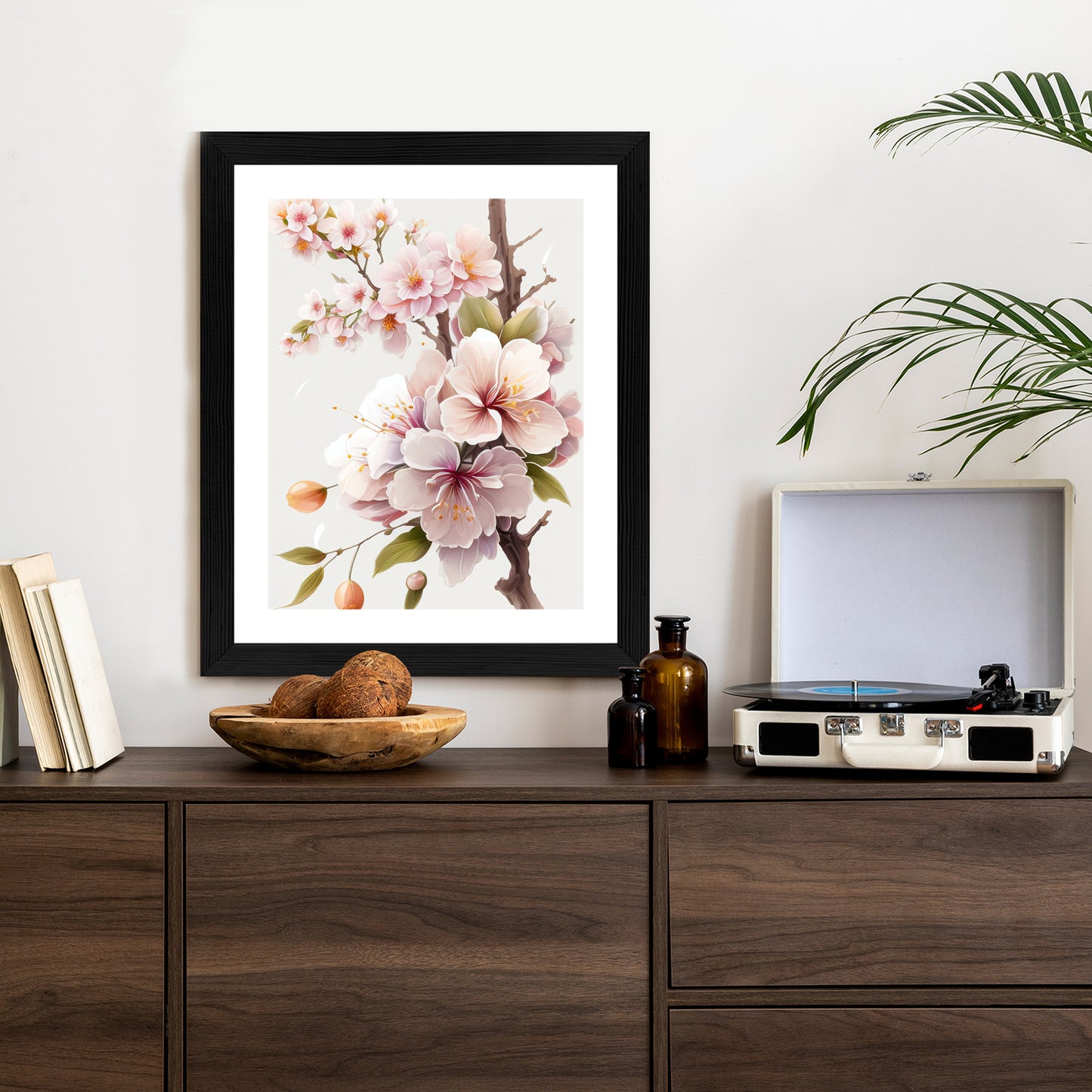 Poster Japanische Weiße Und Rosa Kirschblüten Rahmen Holz Mit Passepartout Farbe Natürlich