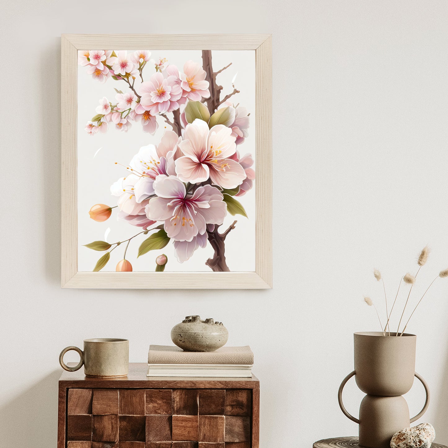 Poster Japanische Weiße Und Rosa Kirschblüten Rahmen Holz Mit Passepartout Farbe Natürlich