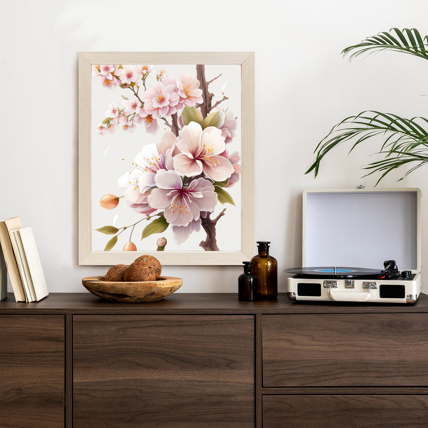 Poster Japanische Weiße Und Rosa Kirschblüten Rahmen Holz Mit Passepartout Farbe Natürlich
